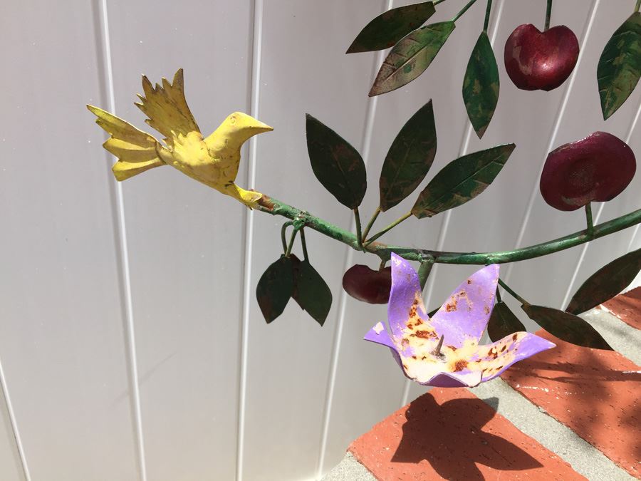 Painted Garden Sculpture Of Apple Tree With Birds And Candle Holders [Photo 5]