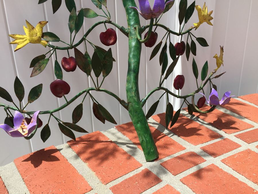 Painted Garden Sculpture Of Apple Tree With Birds And Candle Holders [Photo 6]