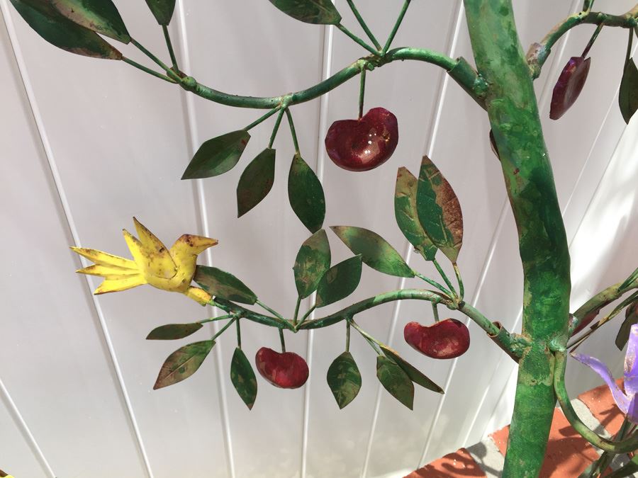 Painted Garden Sculpture Of Apple Tree With Birds And Candle Holders [Photo 2]