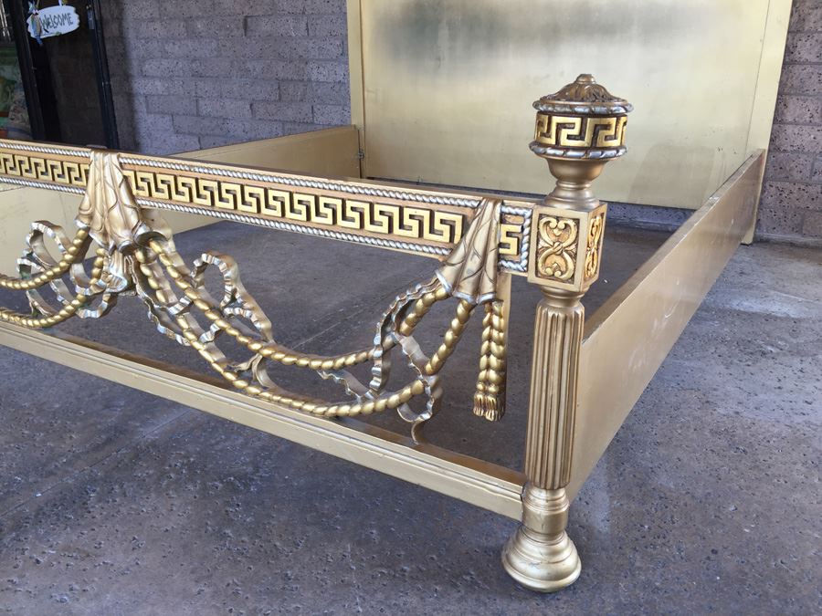 Stunning Hollywood Regency Queen Size Bed With Ornate Gilt Wood Headboard, Footboard And Rails [Photo 2]