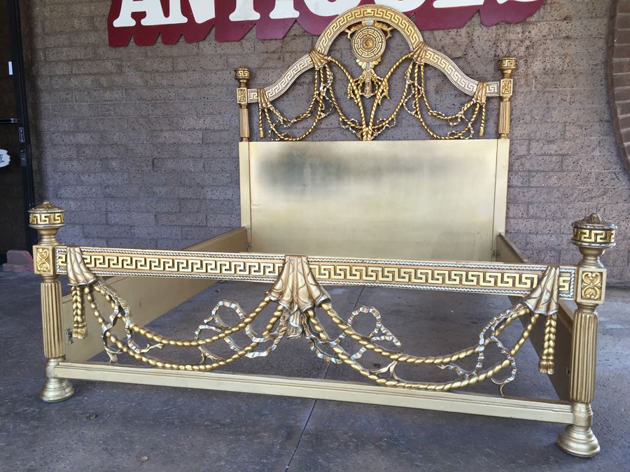 Stunning Hollywood Regency Queen Size Bed With Ornate Gilt Wood Headboard, Footboard And Rails [Photo 7]