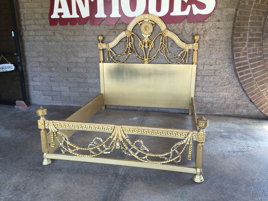 Stunning Hollywood Regency Queen Size Bed With Ornate Gilt Wood Headboard, Footboard And Rails [Photo 1]
