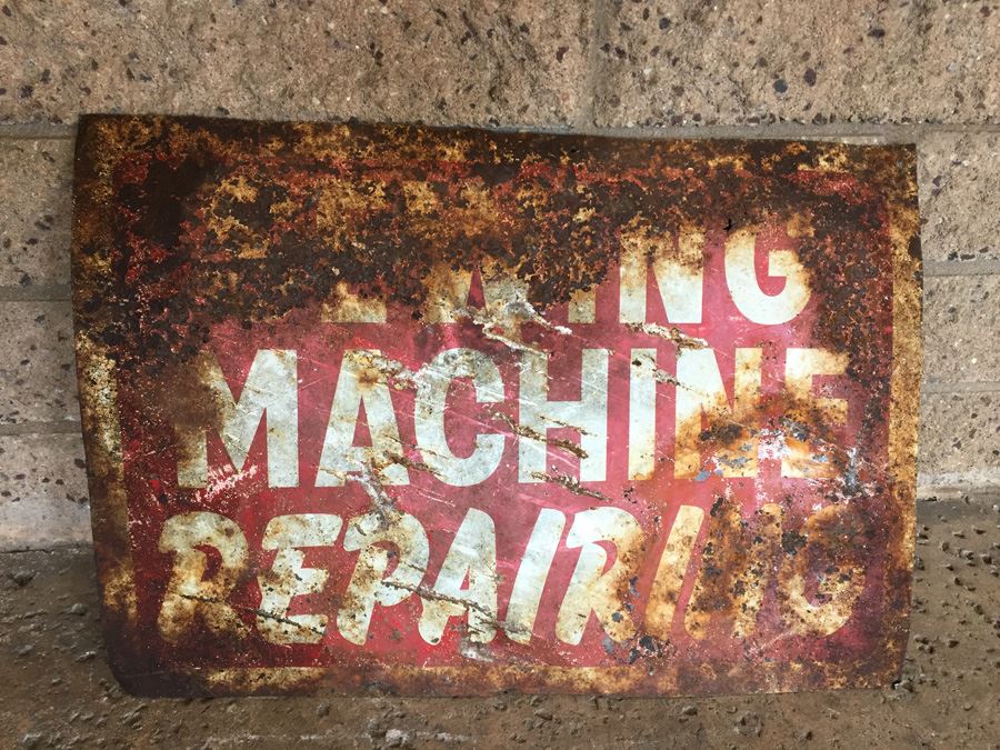Vintage Metal Painted Sign 'Sewing Machine Repairing'