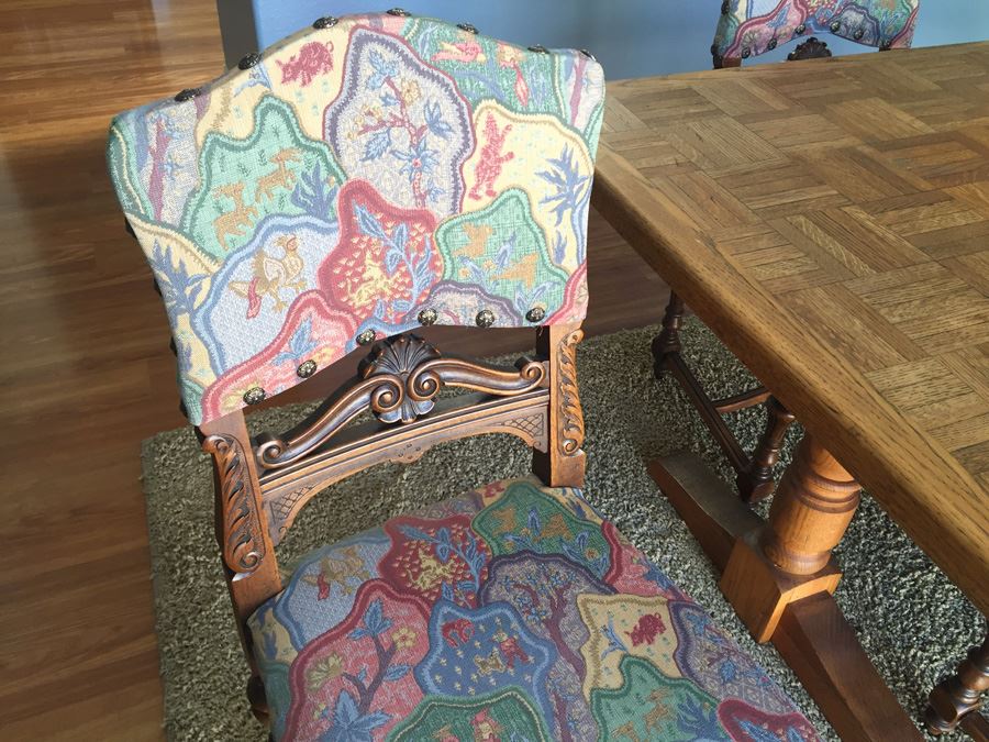 Beautiful Vintage Dining Table With Parquet Top And Four Stunning Upholsted Dining Room Chairs In Excellent Condition Estimate $1,400 [Photo 8]