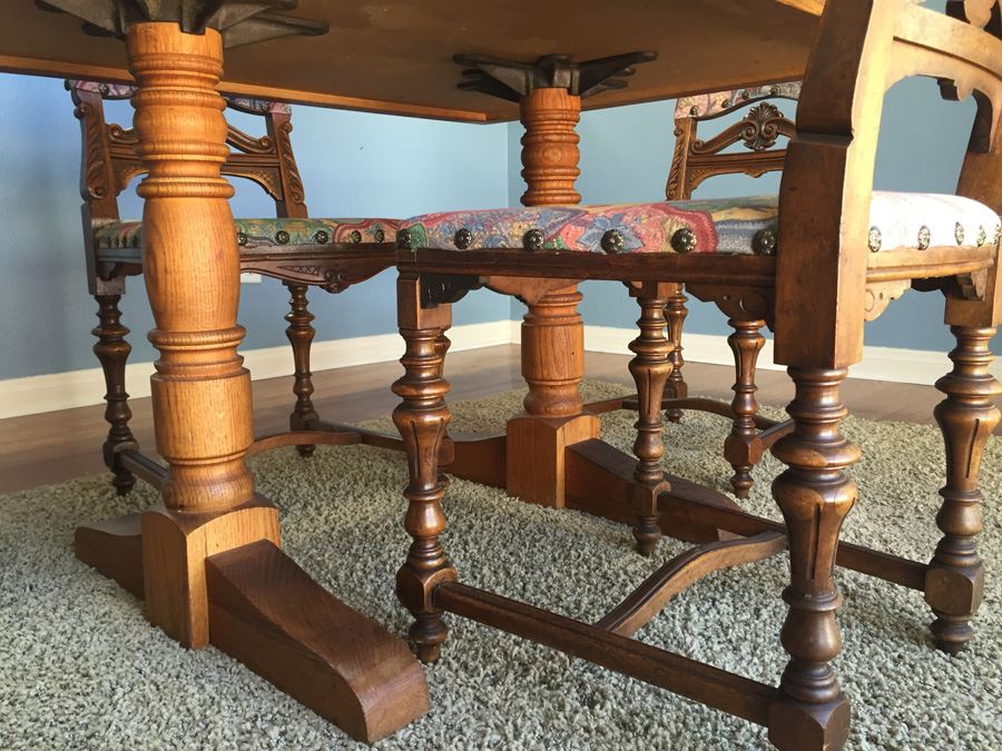 Beautiful Vintage Dining Table With Parquet Top And Four Stunning Upholsted Dining Room Chairs In Excellent Condition Estimate $1,400 [Photo 10]