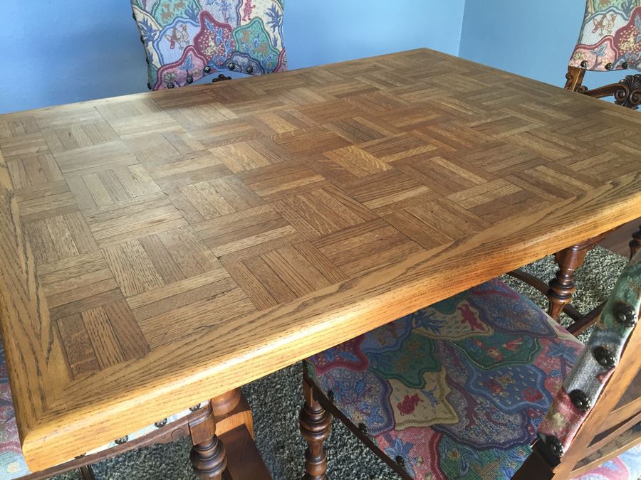 Beautiful Vintage Dining Table With Parquet Top And Four Stunning Upholsted Dining Room Chairs In Excellent Condition Estimate $1,400 [Photo 6]