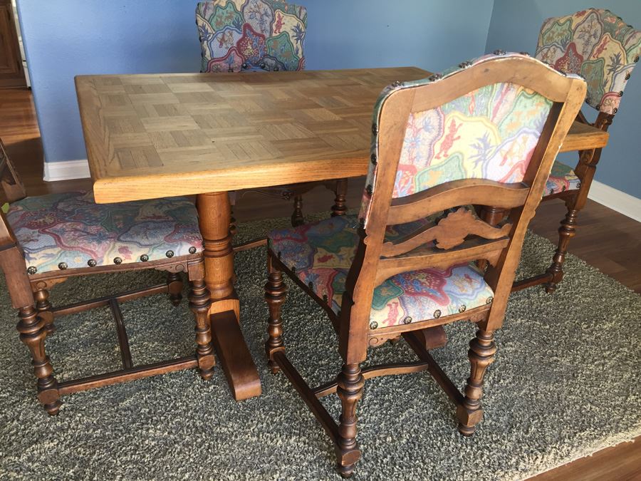 Beautiful Vintage Dining Table With Parquet Top And Four Stunning Upholsted Dining Room Chairs In Excellent Condition Estimate $1,400 [Photo 7]
