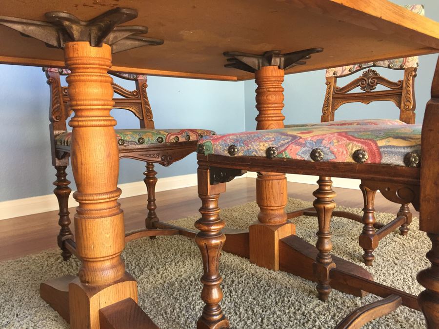 Beautiful Vintage Dining Table With Parquet Top And Four Stunning Upholsted Dining Room Chairs In Excellent Condition Estimate $1,400 [Photo 5]