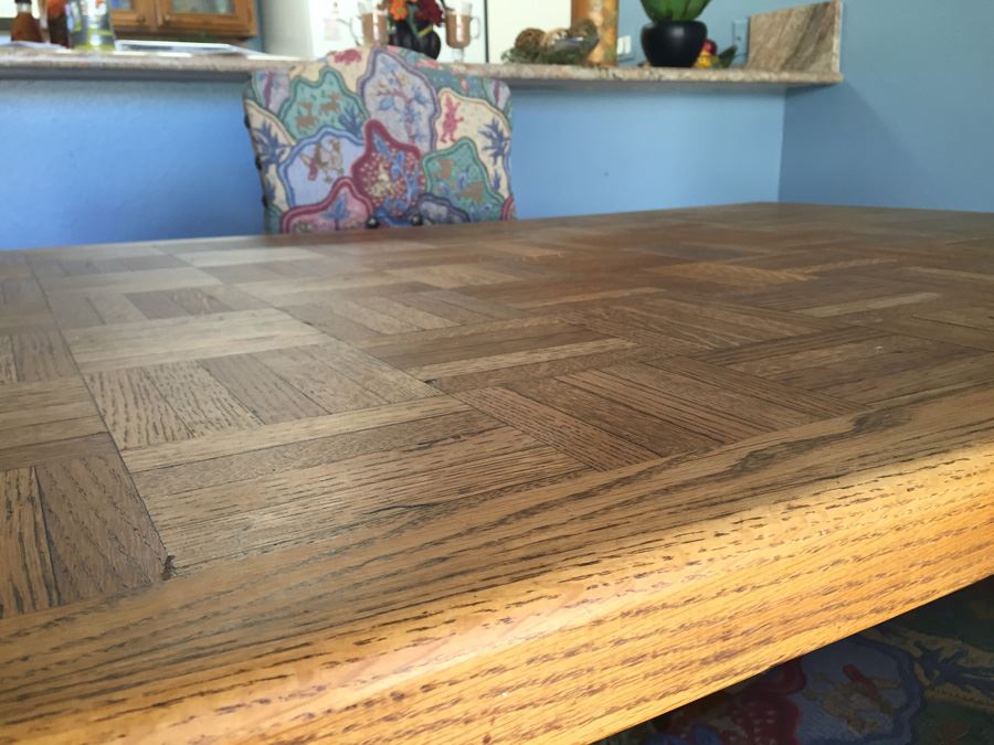 Beautiful Vintage Dining Table With Parquet Top And Four Stunning Upholsted Dining Room Chairs In Excellent Condition Estimate $1,400 [Photo 11]