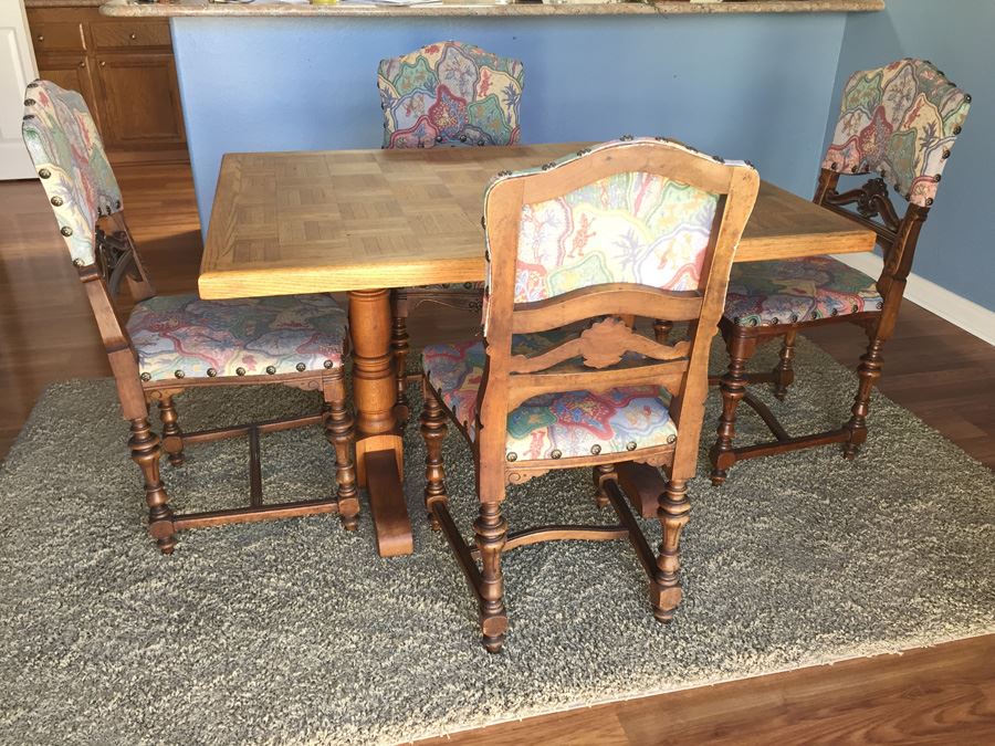 Beautiful Vintage Dining Table With Parquet Top And Four Stunning Upholsted Dining Room Chairs In Excellent Condition Estimate $1,400 [Photo 1]