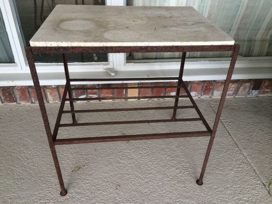 Metal Side Table with Travertine Top