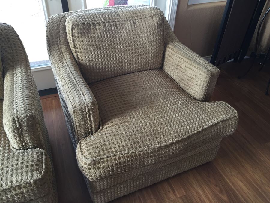 Upholstered Modern Arm Chairs On Brass Casters In Excellent Condition [Photo 8]