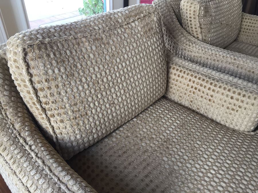 Upholstered Modern Arm Chairs On Brass Casters In Excellent Condition [Photo 7]