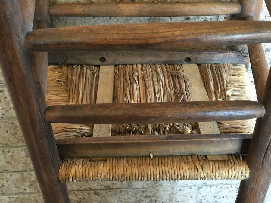 Old And Rare Ladder Back Prayer Chair With Rush Seat And Religious Markings [Photo 12]