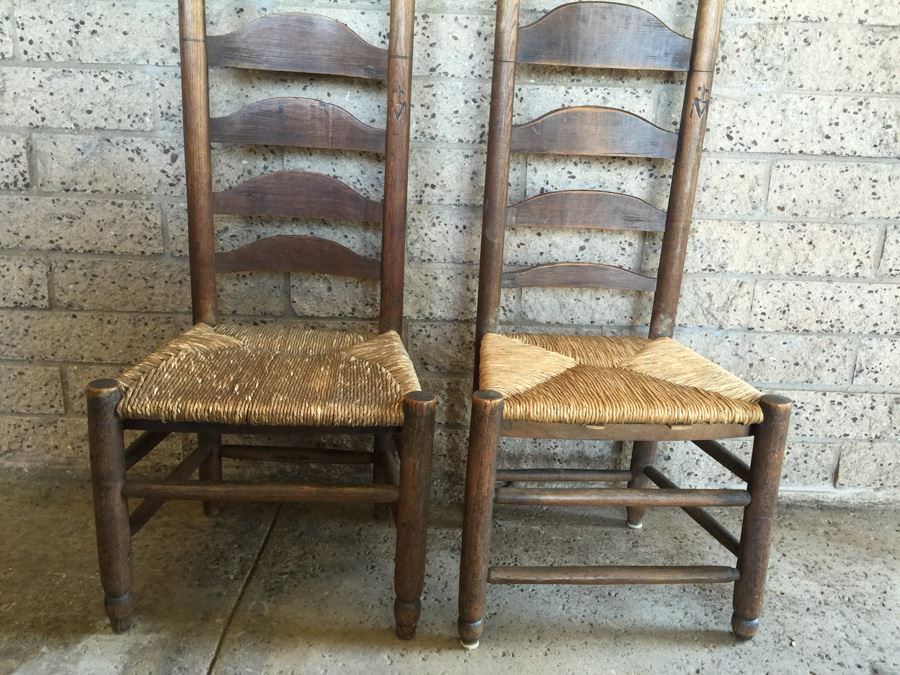 Old And Rare Ladder Back Prayer Chair With Rush Seat And Religious Markings
