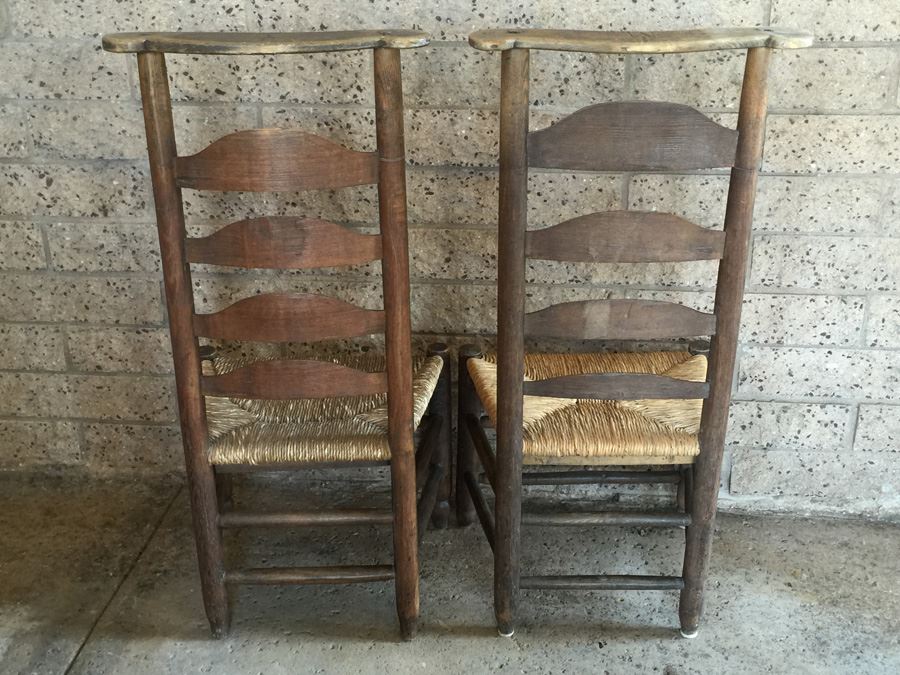 Old And Rare Ladder Back Prayer Chair With Rush Seat And Religious Markings [Photo 10]