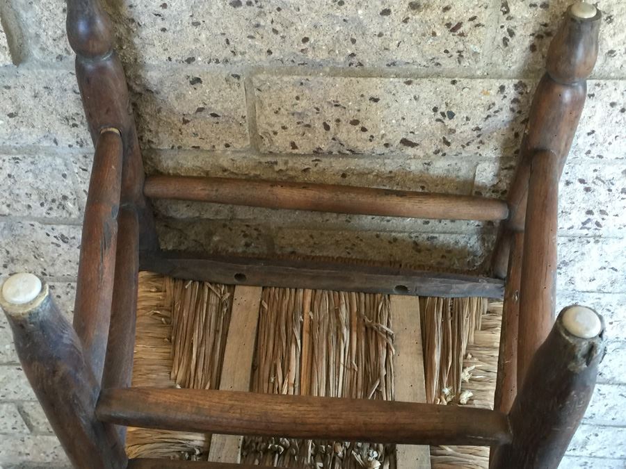 Old And Rare Ladder Back Prayer Chair With Rush Seat And Religious Markings [Photo 11]