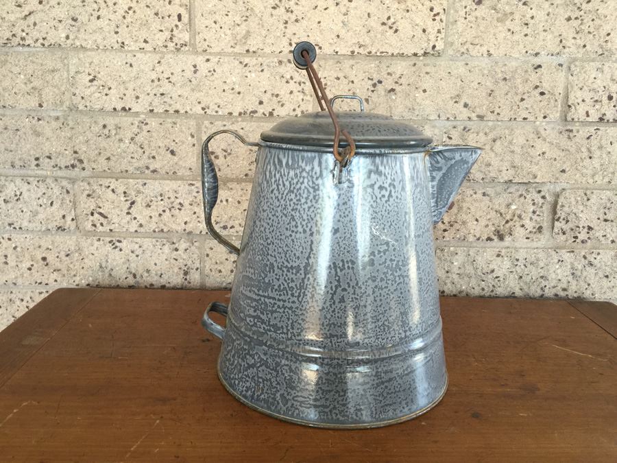 Antique Chuck Wagon Coffee Pot Graniteware With Tipper Handle At Bottom