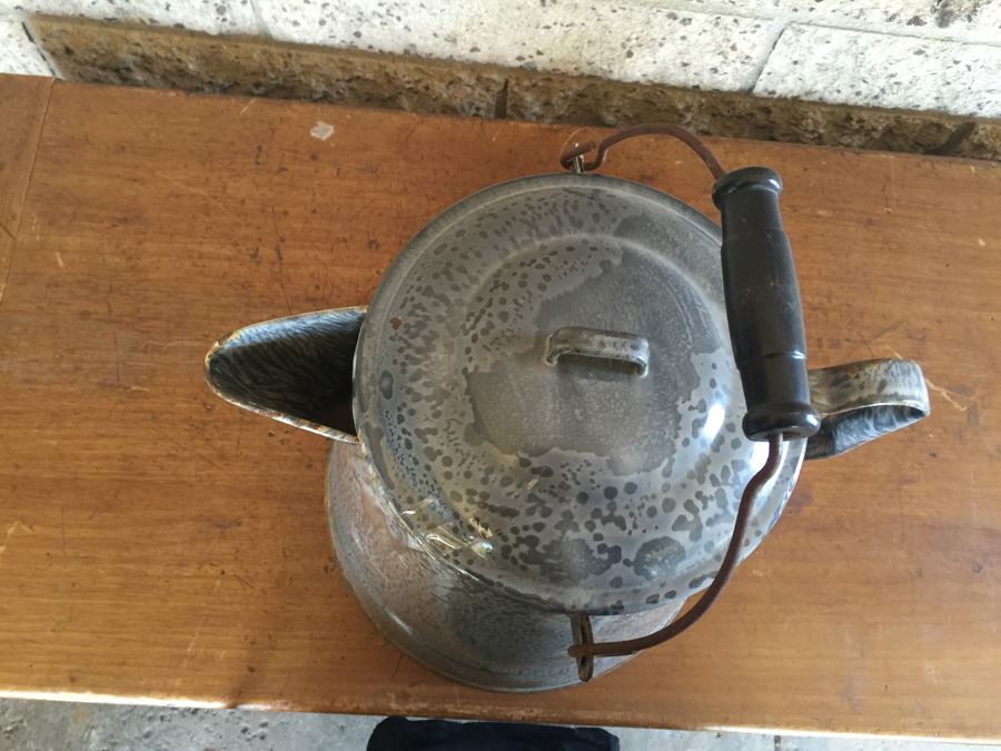 Antique Chuck Wagon Coffee Pot Graniteware With Tipper Handle At Bottom [Photo 4]