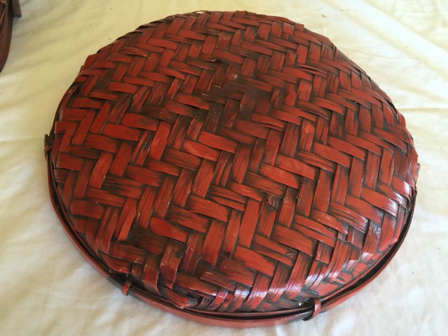 Red Woven Basket With Lid
