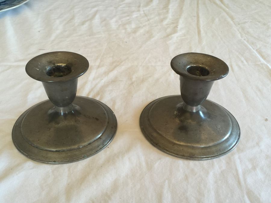 Vintage WHITE Hand Made Pewter Candlesticks