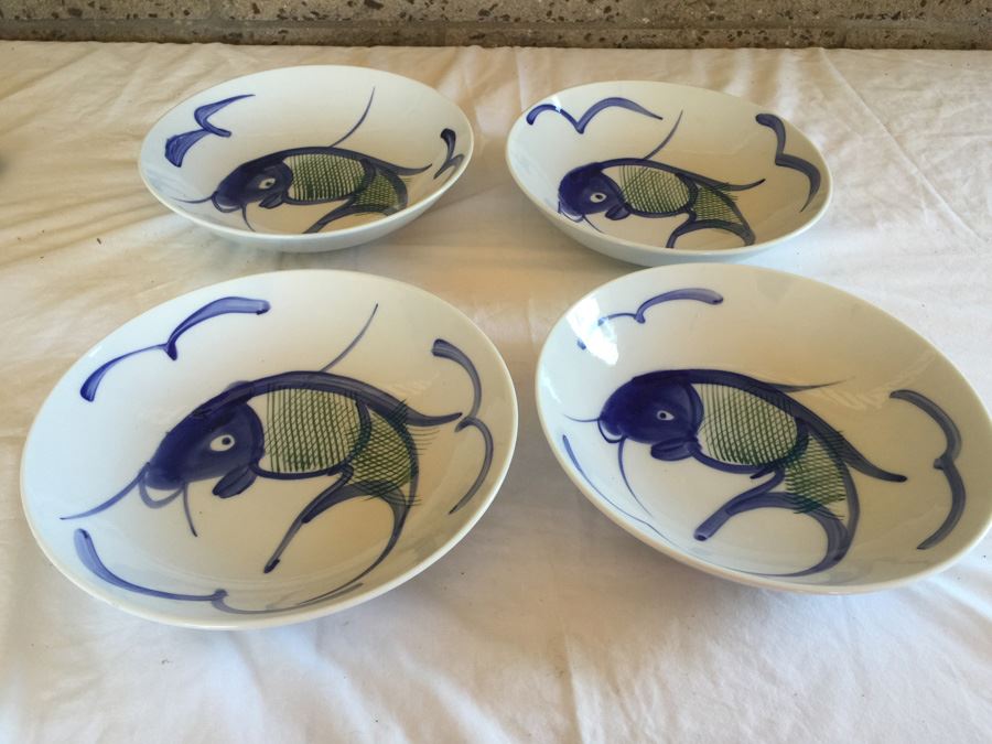Set Of Four Asian Bowls With Hand Painted Koi Fish Individually Signed