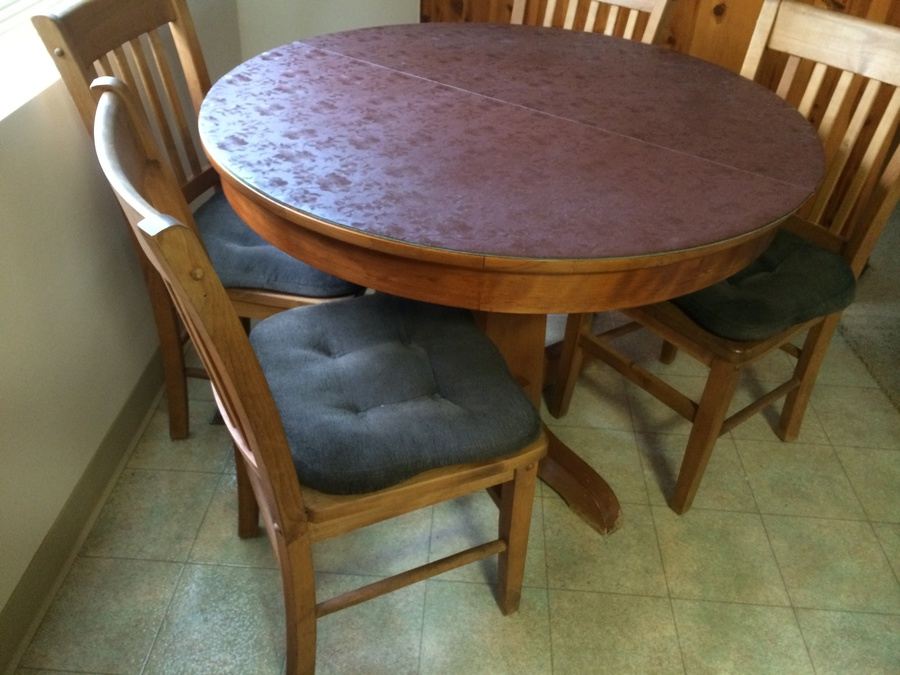 Wooden Pedestal Dining Table w/ Four Solid Wood Dining Chairs [Photo 2]