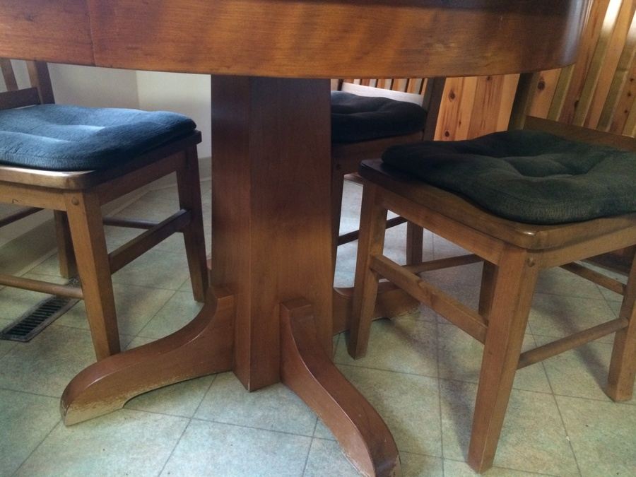 Wooden Pedestal Dining Table w/ Four Solid Wood Dining Chairs [Photo 3]