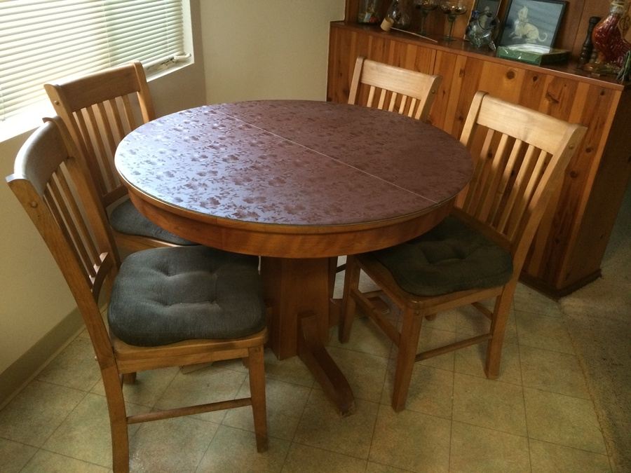 Wooden Pedestal Dining Table w/ Four Solid Wood Dining Chairs [Photo 1]