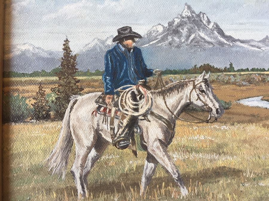 Framed Original Oil Painting Of Cowboy Riding His Horse By John Higgins 2001 [Photo 2]