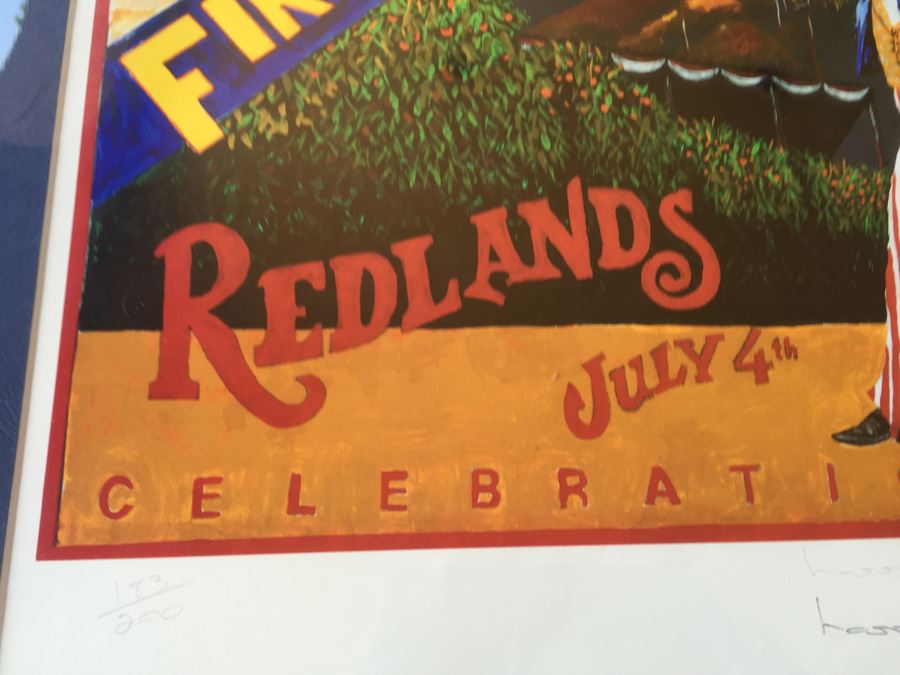 Framed Redlands Fireworks Fourth Of July Poster Signed With Photo Of Artist Painting Mural [Photo 7]