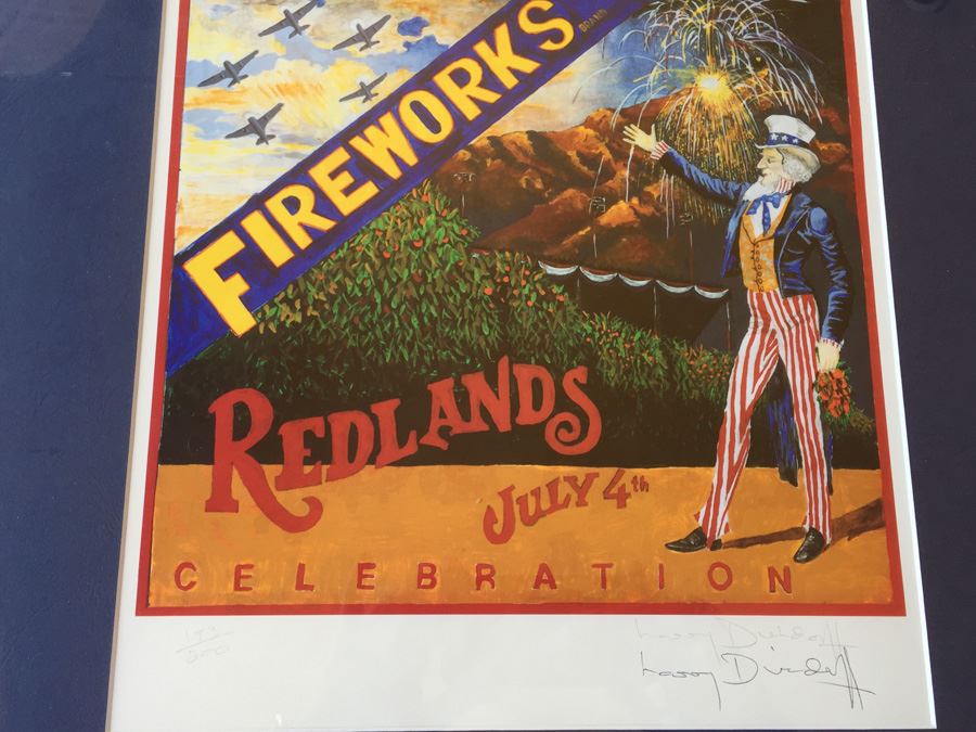 Framed Redlands Fireworks Fourth Of July Poster Signed With Photo Of Artist Painting Mural [Photo 2]