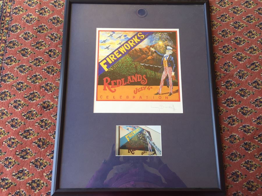 Framed Redlands Fireworks Fourth Of July Poster Signed With Photo Of Artist Painting Mural