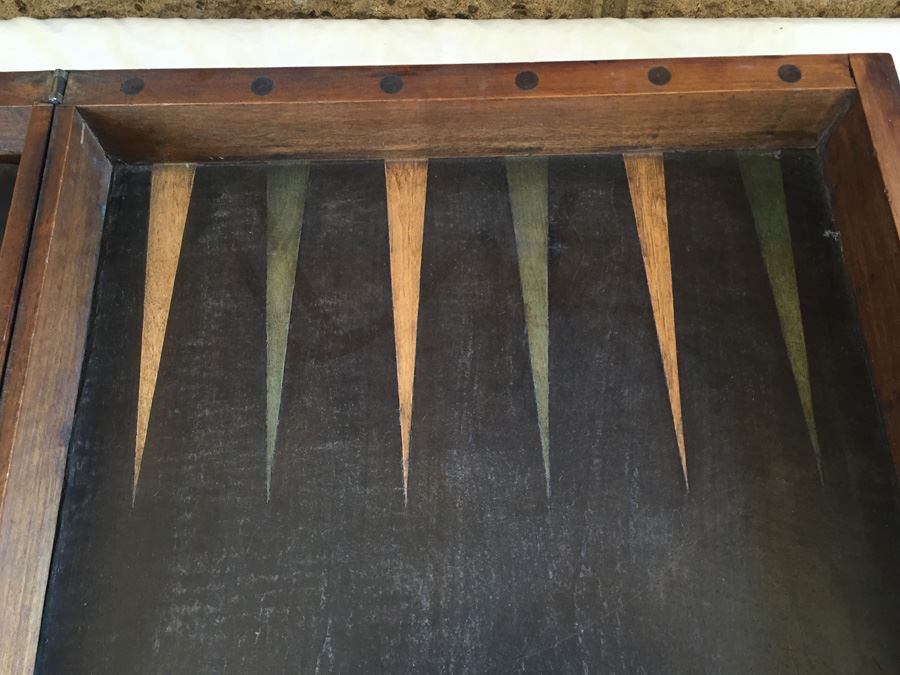 Primitive Hand Made Folk Art Wooden Backgammon Game With Inlaid Wood And Wooden Pieces In Folding Case [Photo 4]