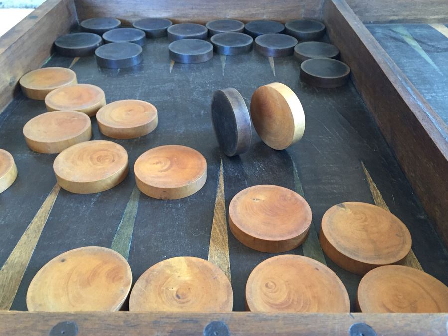 Primitive Hand Made Folk Art Wooden Backgammon Game With Inlaid Wood And Wooden Pieces In Folding Case [Photo 3]
