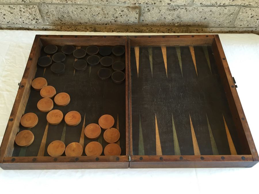 Primitive Hand Made Folk Art Wooden Backgammon Game With Inlaid Wood And Wooden Pieces In Folding Case [Photo 2]