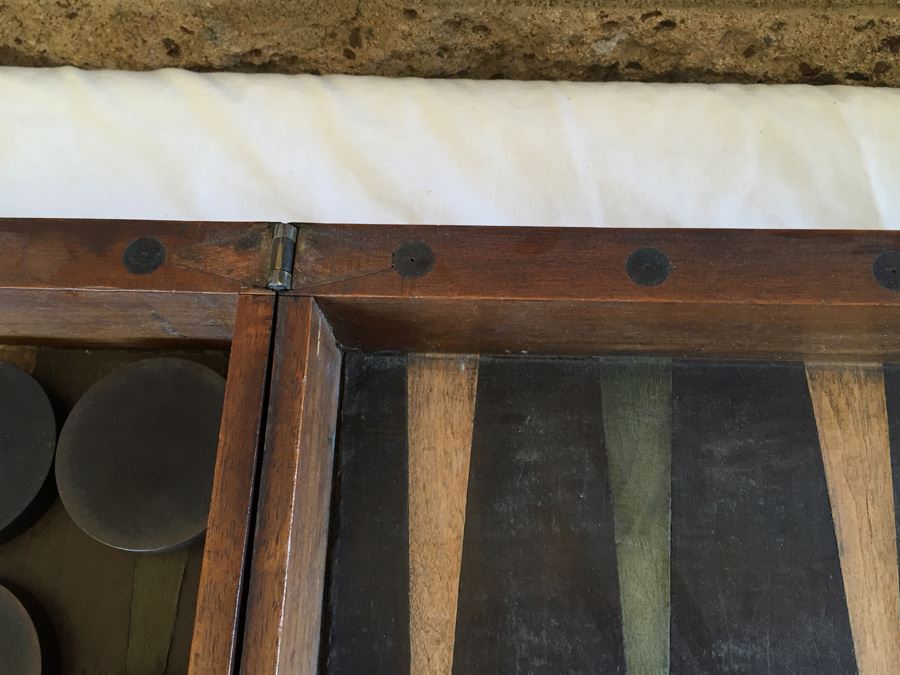 Primitive Hand Made Folk Art Wooden Backgammon Game With Inlaid Wood And Wooden Pieces In Folding Case [Photo 13]