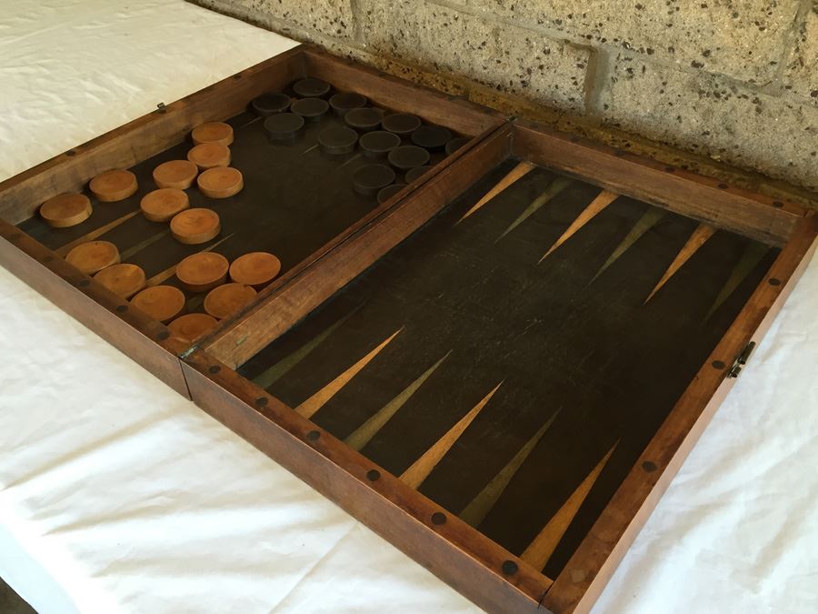 Primitive Hand Made Folk Art Wooden Backgammon Game With Inlaid Wood And Wooden Pieces In Folding Case [Photo 15]