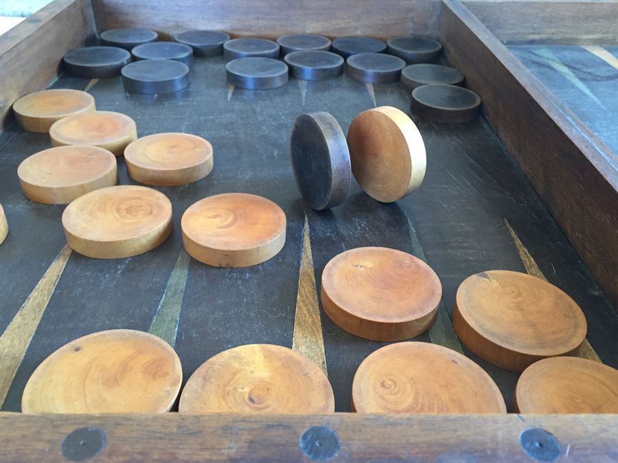 Primitive Hand Made Folk Art Wooden Backgammon Game With Inlaid Wood And Wooden Pieces In Folding Case [Photo 18]