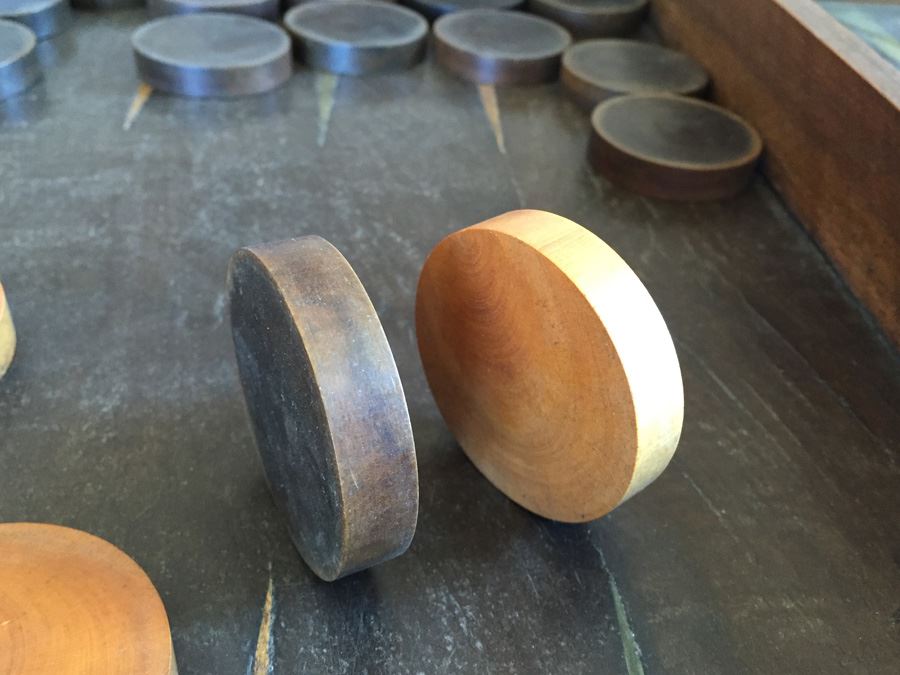 Primitive Hand Made Folk Art Wooden Backgammon Game With Inlaid Wood And Wooden Pieces In Folding Case [Photo 16]