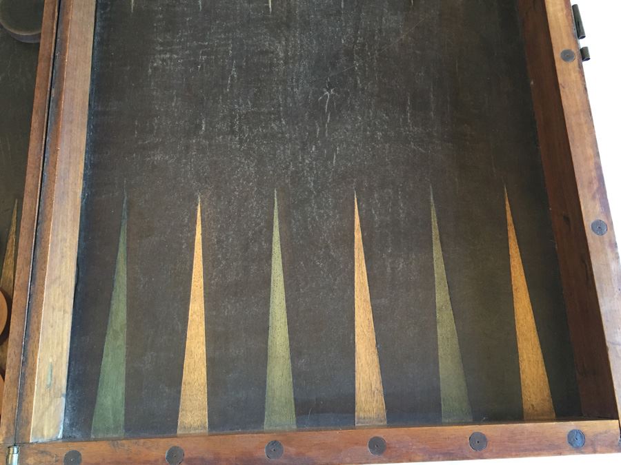 Primitive Hand Made Folk Art Wooden Backgammon Game With Inlaid Wood And Wooden Pieces In Folding Case [Photo 14]