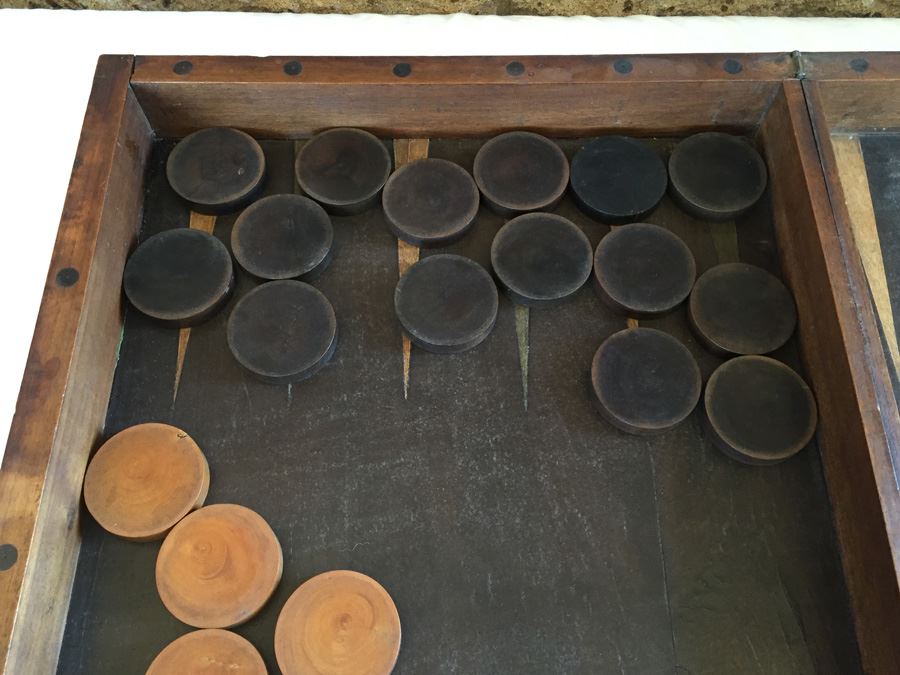 Primitive Hand Made Folk Art Wooden Backgammon Game With Inlaid Wood And Wooden Pieces In Folding Case [Photo 11]