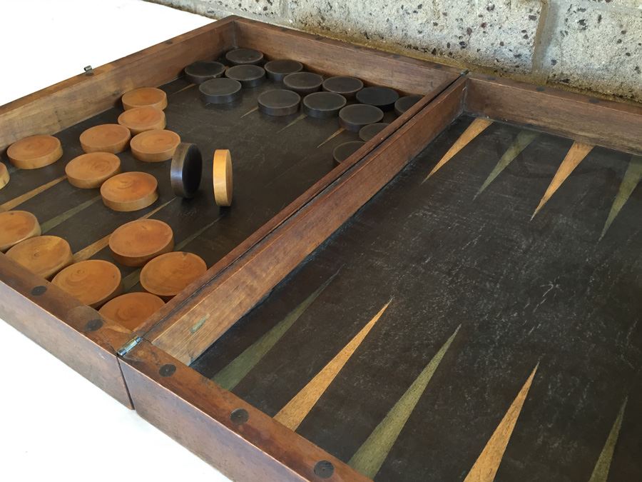 Primitive Hand Made Folk Art Wooden Backgammon Game With Inlaid Wood And Wooden Pieces In Folding Case [Photo 19]