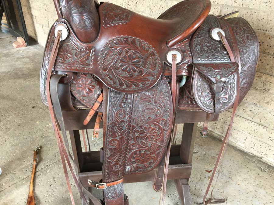 Chas. (Charles) P. Shipley Kansas City, MO Tooled Leather Saddle With  Wooden Display Stand Estimate $500-$1,000