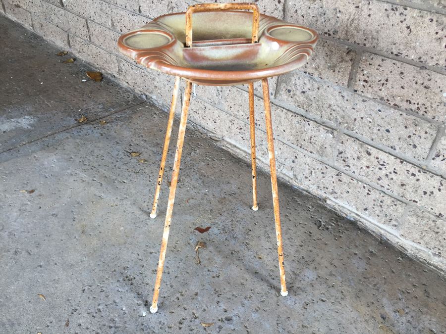 Mid-Century Frankoma Pottery Ashtray Drink Holder With Metal Stand [Photo 3]