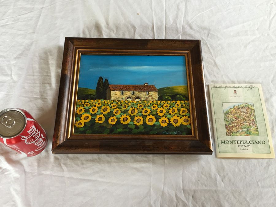 Original Signed Oil Painting Of Italian Landscape With Sunflowers Montepulciano Italy In Nice Frame