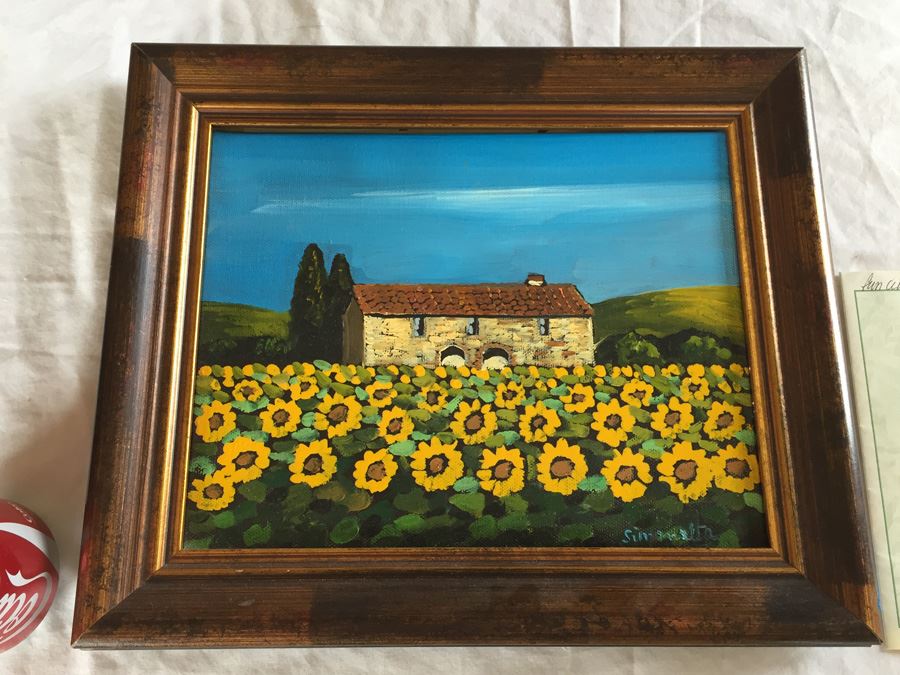 Original Signed Oil Painting Of Italian Landscape With Sunflowers Montepulciano Italy In Nice Frame [Photo 4]