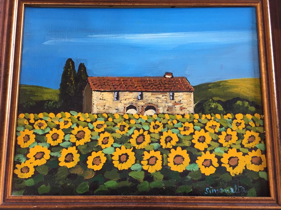Original Signed Oil Painting Of Italian Landscape With Sunflowers Montepulciano Italy In Nice Frame [Photo 2]