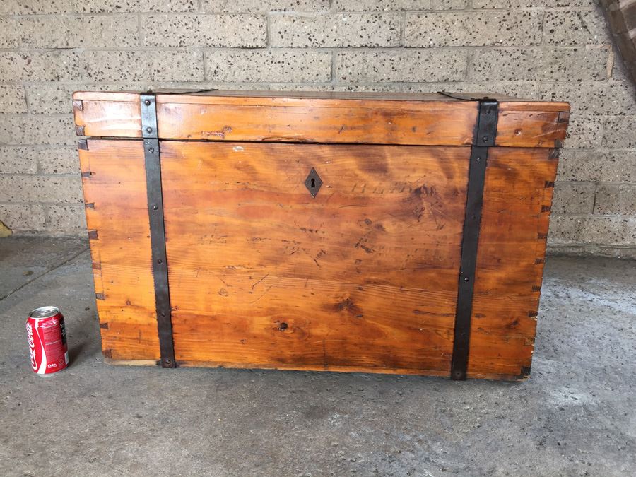 Early American Pine Blanket Chest With Original Hardware And Strapping [Photo 1]