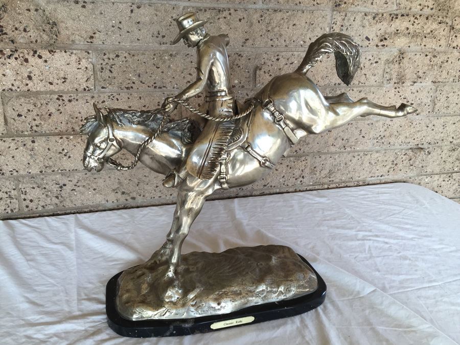 American Silvered-Metal Sculpture On Marble Base Of Horse & Cowboy Titled 'Classic Ride' Signed H. Bros Limited Edition 5/100 Estimate $700-$900 [Photo 1]